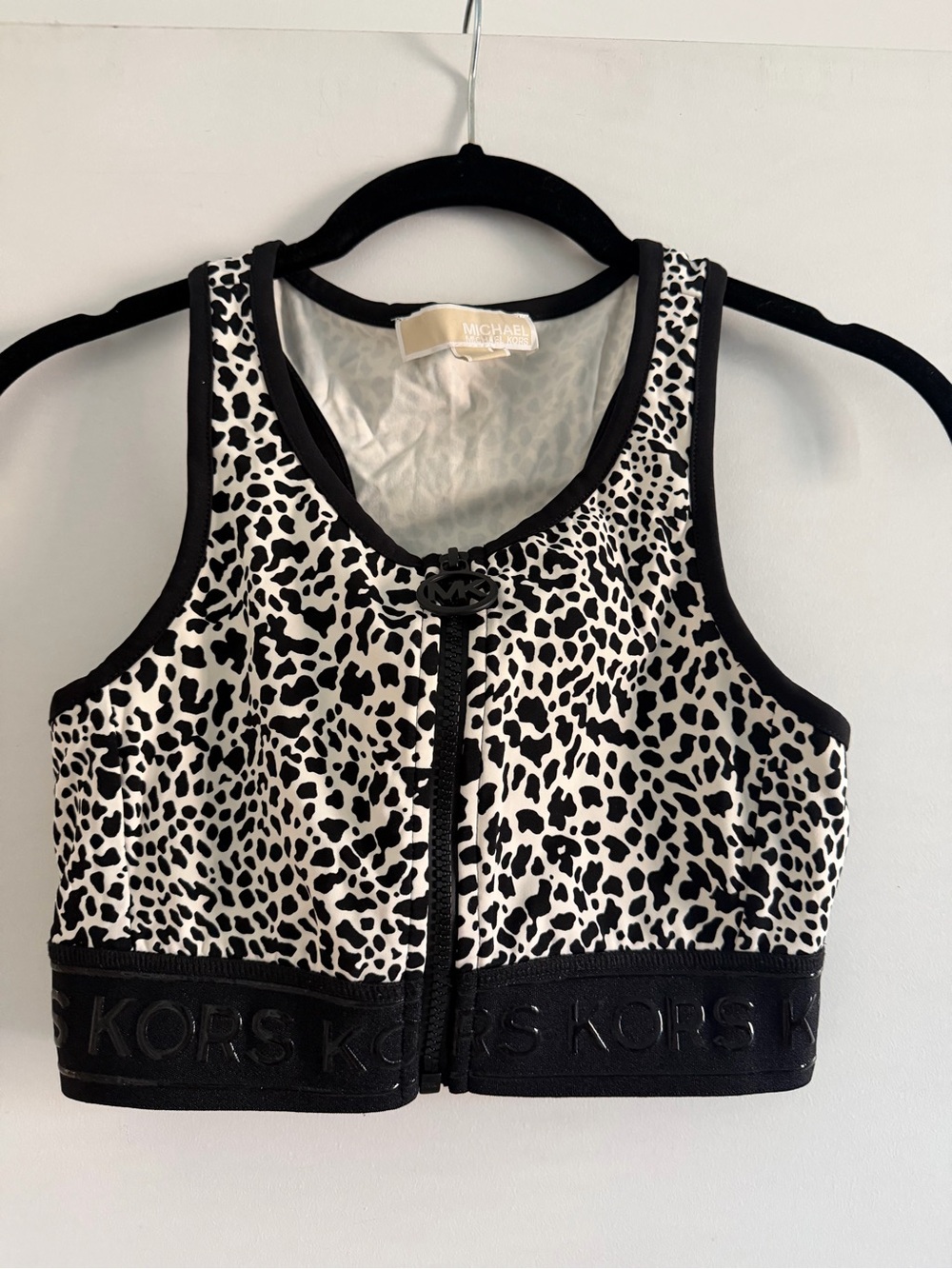 Michael Kors Black & White Leopard-Print Front Zip Sport Crop